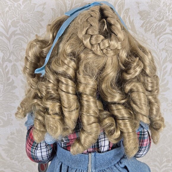 Vintage Delton Porcelain Doll Blue Eyes Blond Ringlets Denim Jumper Plaid Dress - Picture 10 of 16